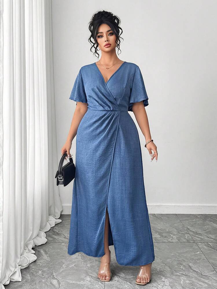 Elenzga Plus Size Denim Effect Deep V Ruffle Sleeve Asymmetrical Hem Dress  | SHEIN USA