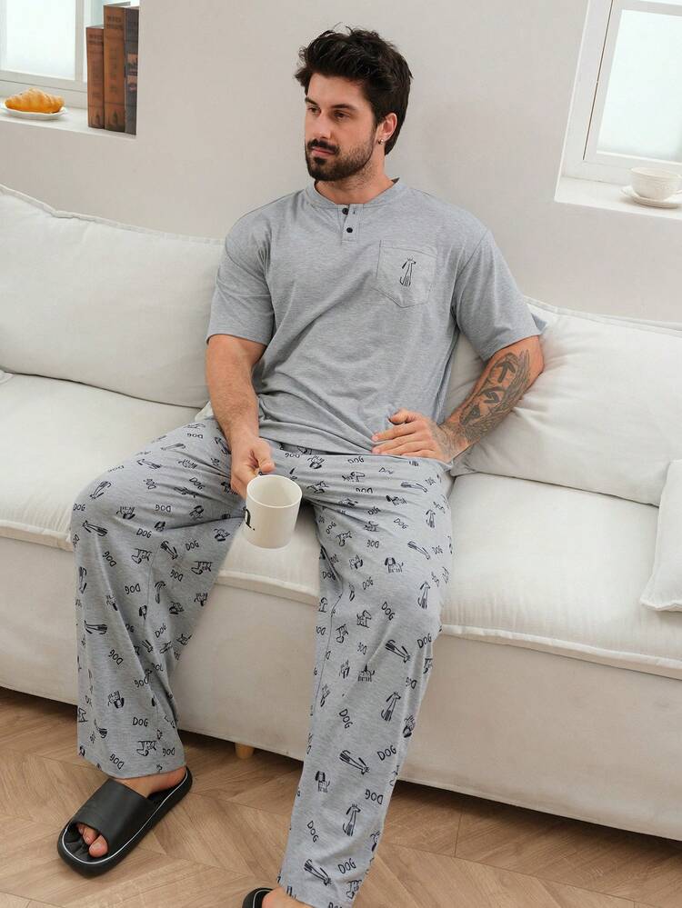 Men's Dog Print T-Shirt And Pants Matching Casual Loungewear Set, Spring/Summer