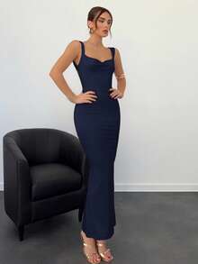 Aloruh 女士露背蝴蝶结装饰粉色连衣裙 - 藏蓝色 - 查看 5