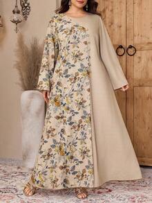 Al Najma Plus Size Women's Casual Vacation Style Floral Print Patchwork Flare Sleeve Loose Arabic Dress, Spring/Autumn - Multicolor - View 4