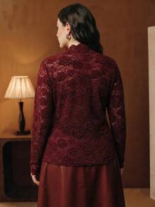 Anewsta 大码女式秋冬镂空玫瑰蕾丝荷叶边下摆酒红色休闲/工作高领修身T恤，适合秋季、冬季、春季、新年、派对、婚礼、时尚、优雅、商务休闲、工作、感恩节、圣诞节、情人节等场合。 - 酒紅色 - 查看 7