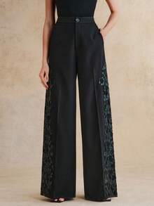 Anewsta Women's High-End Embroidered Hollow Out Straight Leg Pants, Commuting Trousers, Autumn/Winter - Black - View 7