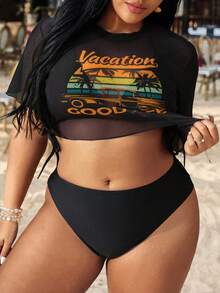 Swim Vcay 大码女士热带植物印花罩衫搭配女士吊带比基尼沙滩度假休闲泳衣两件套 - 黑色 - 查看 3