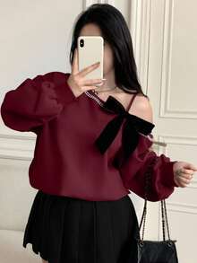 Modelyn Plus Size Korean Style Casual Loose Bowknot Asymmetric-Shoulder Short Sweatshirt, Spring - Burgundy - View 4
