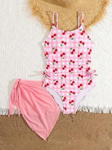 SHEIN 少女樱桃格子吊带连体泳衣，带系带裙摆，两件套，学生海滩度假温泉甜美清新泳装 - 粉色 - 查看 7