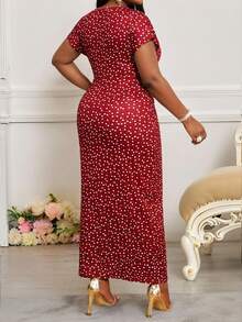 SHEIN Lady Plus Size Women's Polka Dot V-Neck Ruched Slit Design Elegant Waist Cinched Party Dress - Red - View 2