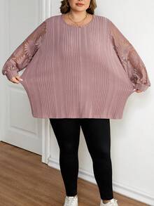 SHEIN CURVE+ 大码女式圆领撞色蕾丝长袖宽松休闲T恤 - 藕粉色 - 查看 4