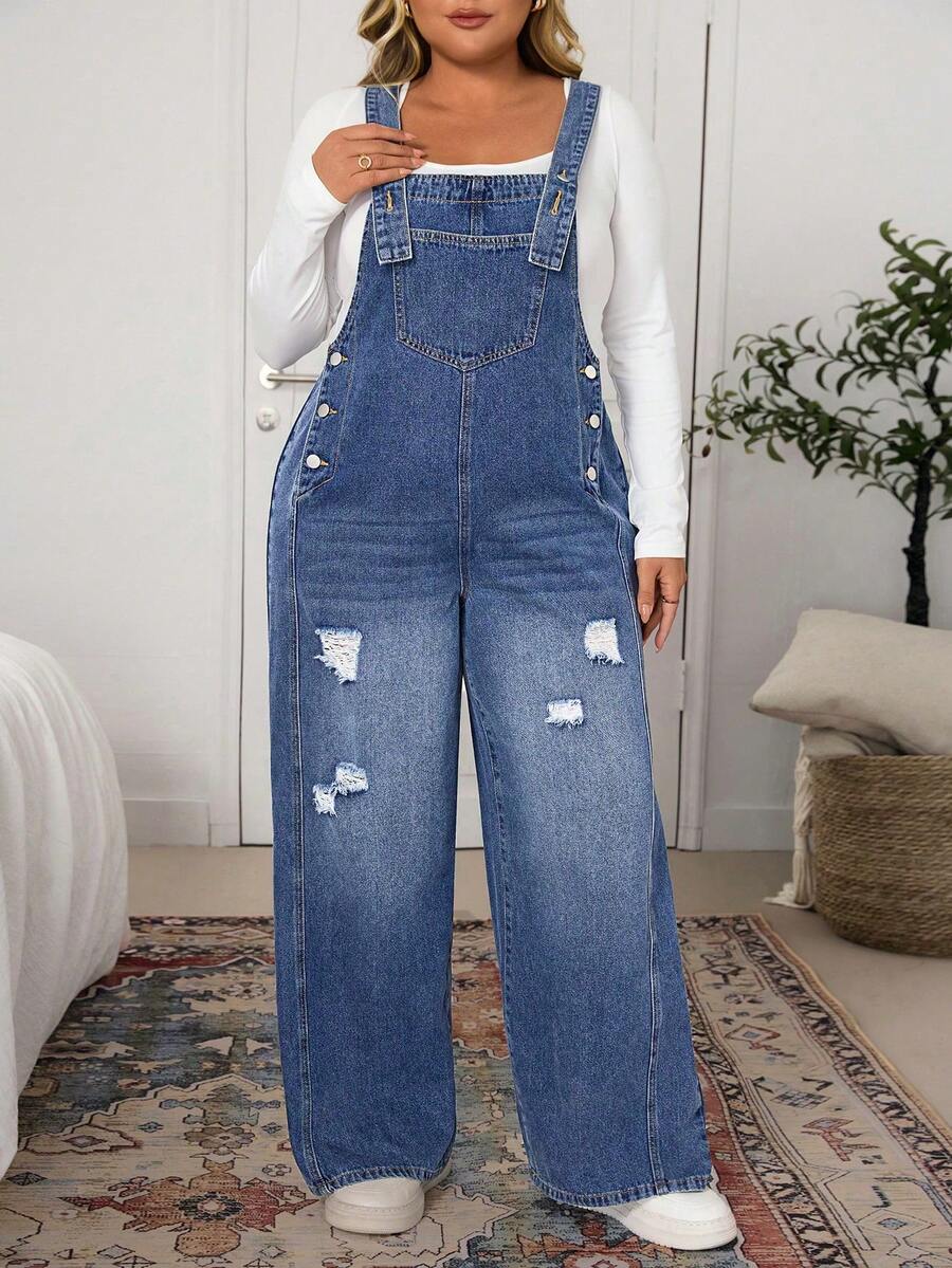 EMERY ROSE Plus Size Casual Washed Distressed Denim Bib Overalls - Medium Wash - View 1