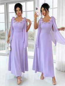 Rafferiza 优雅花卉装饰无袖A字连衣裙，收腰设计，适合正式场合，浅紫色，春夏款 - 淡紫色 - 查看 1