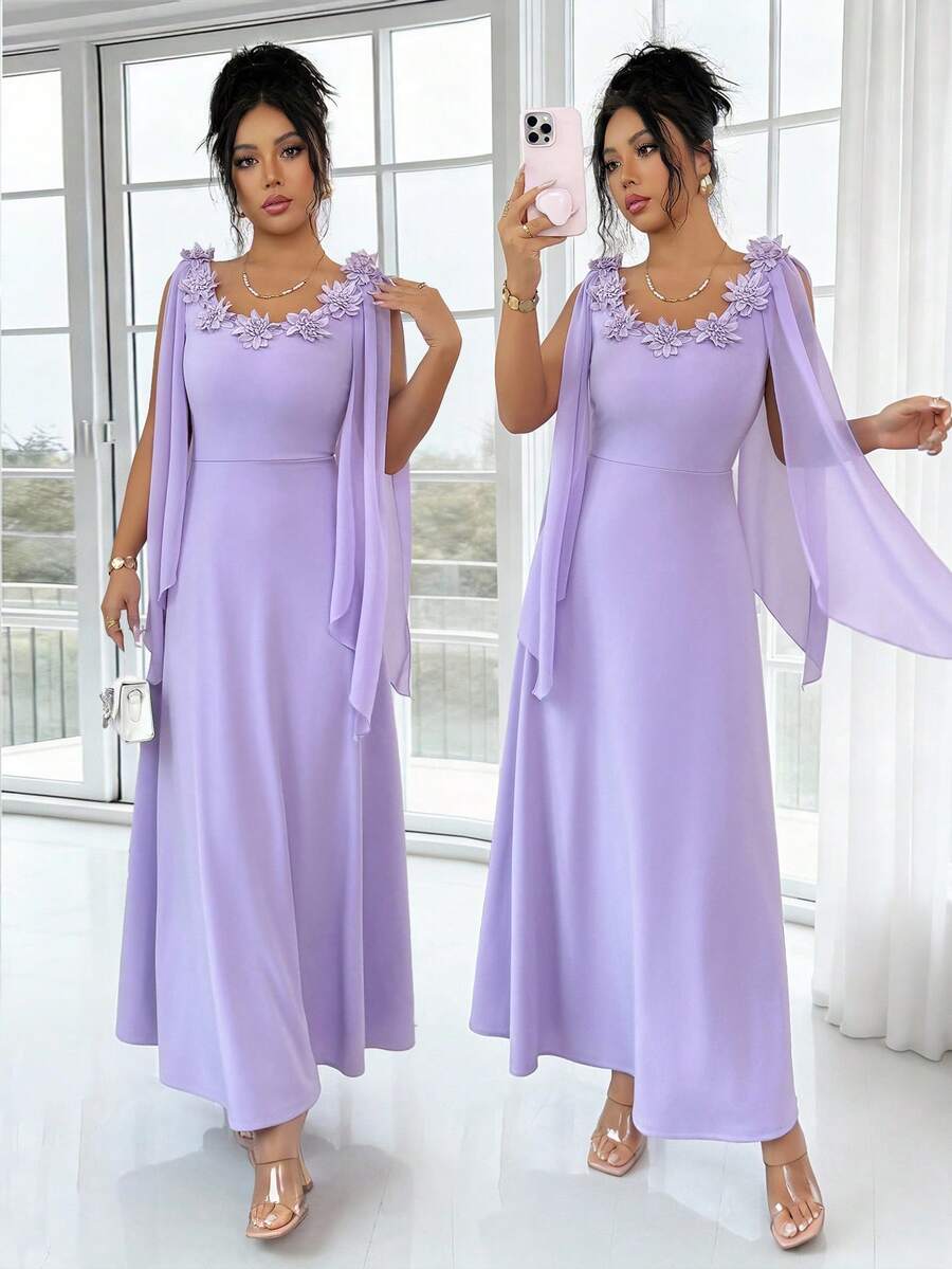 Rafferiza 优雅花卉装饰无袖A字连衣裙，收腰设计，适合正式场合，浅紫色，春夏款 - 淡紫色 - 查看 1