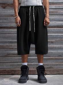 AXEPEAK Men's Casual Solid Color Drawstring Waist Drop-Crotch Shorts Men's Oversized Shorts Men Streetwear Shorts Black Shorts Men Men's Shorts Drawstring Waist Knee Length Shorts Slouchy Shorts Men's Shorts Drawstring Waist - Black - View 6