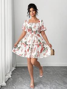 SHEIN PETITE CURVE Plus Size Floral Print Ruffle Sleeve Short Swing Dress Floral Dress Women Elegant Short Sleeve Summer Dress - White - View 7