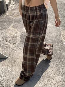 Dazy Tall Women's Tall Plaid Straight Leg Casual Pants