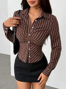 SHEIN PETITE Women's Summer New Style Office Commuting Daily Pointed Hem Chest Gathered Stand-Up Collar Single-Breasted Open Placket Tight Long-Sleeved White Shirt - Brown - View 3