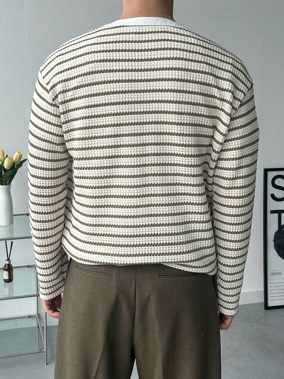 Men's Striped Half-Zip T-Shirt, Multi-Color, Spring/Autumn