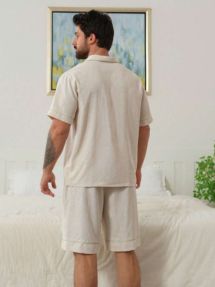Apricot Short Sleeve Shirt And Shorts Men's Pajama Set, Summer