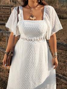 Ceyna Plus Size Solid Color Textured Elegant Lace Patchwork Sweet Fresh Casual Dress - White - View 6