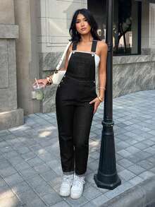 SHEIN PETITE 女士休闲百搭水洗牛仔背带裤 - 黑色 - 查看 6