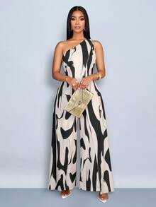 SOLERSUN Women's Fashionable Daily Casual Elegant Holiday Allover Floral Print One Shoulder Sleeveless Slit Wide Leg Jumpsuit - Black - View 3