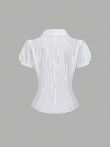 Sweetra Women's Elegant V-Neck Single-Breasted White Striped Short Sleeve Blouse, Spring/Summer - White - View 2