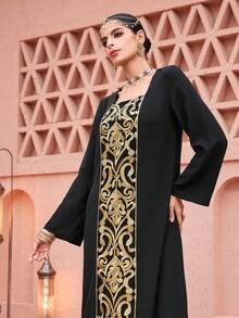 Al Najma Elegant  Arabic Style Gold Thread Embroidery Patchwork Maxi Dress For Women - Black - View 3