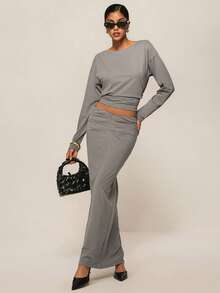 ATUI Studio Ensemble top dos nu et jupe de couleur unie sexy pour femmes - Gris - Voir 1