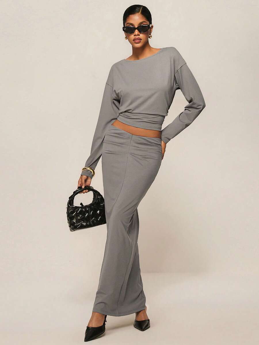 ATUI Studio Ensemble top dos nu et jupe de couleur unie sexy pour femmes - Gris - Voir 1