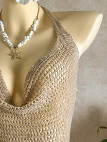 Soleia 女士夏季度假沙滩垂褶领露背罩衫连衣裙 - 卡其色 - 查看 5