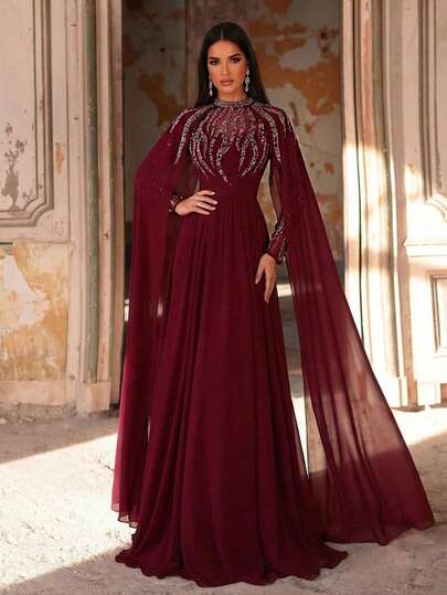 Aureia Elegant & Luxurious Burgundy Heavily Embellished With Rhinestones & Beaded Stand Collar Sheer Long Sleeve Waist-Defining A-Line Maxi Dress, Suitable For Formal Occasions And Galas