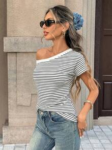 Pariaura Playful Sexy Black & White Striped Off-Shoulder Top - Ruffled One-Shoulder Spring Summer Stylish Fitted Tee Retro Elegant Black & White Striped Off-Shoulder Top - Ruffled One-Shoulder Spring Summer Versatile Fitted Top Girlish Black & White Striped Off-Shoulder Top - Ruffled One-Shoulder Spring Summer Exquisite Fitted Tee - Black and White - View 3