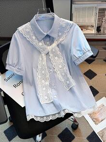 SHEIN PariChic 新款女士浅蓝色可拆卸领荷叶边下摆休闲通勤外出约会度假两件套短袖衬衫 - 藍色 - 查看 1