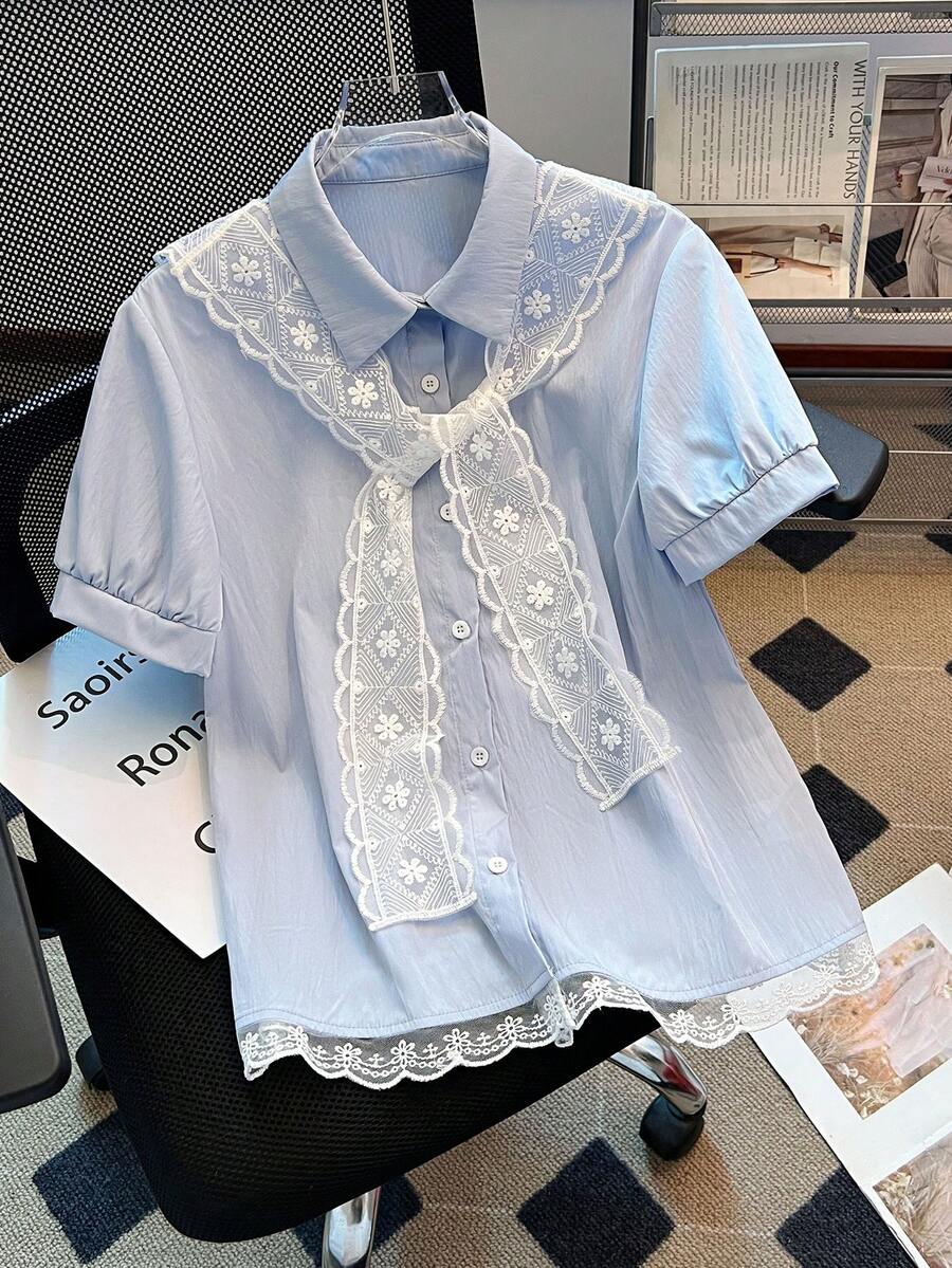 SHEIN PariChic 新款女士浅蓝色可拆卸领荷叶边下摆休闲通勤外出约会度假两件套短袖衬衫 - 藍色 - 查看 1