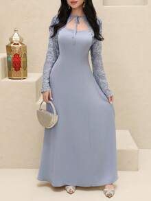 Yasmyna 女士优雅花卉蕾丝扭领收腰阿拉伯风格连衣裙 - 淺灰色 - 查看 3