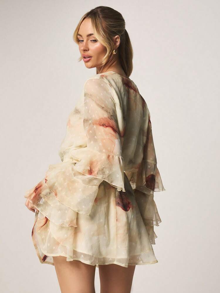 MISSGUIDED Floral Printed V-Neck Long Sleeve Mini Wrap Dress With Layered Ruffle Sleeves For Party Occasions