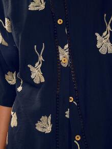 COSMINA Women's Ginkgo Leaf Embroidered Short Sleeve Single-Breasted Casual Loose Shirt - Navy Blue - View 2