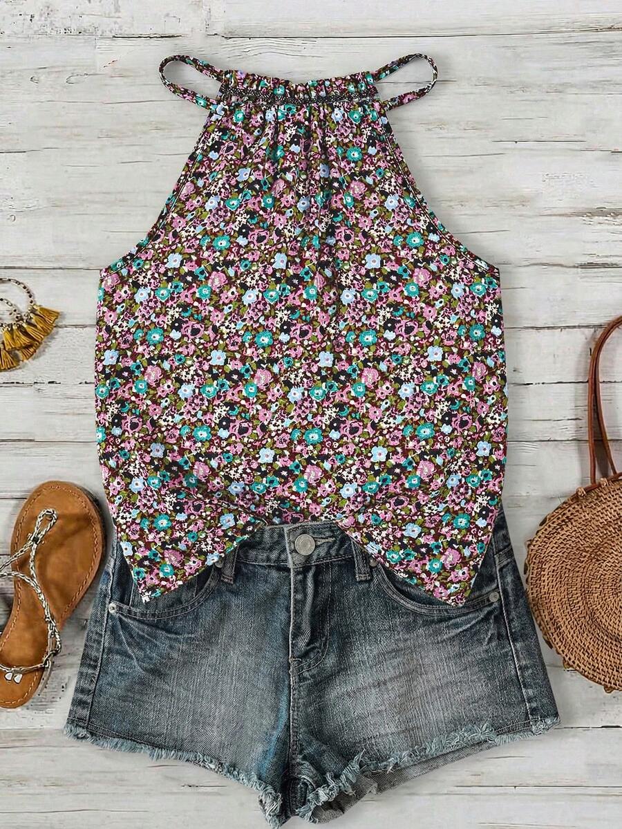 SHEIN LUNE Women's Casual Ditsy Floral Backless Bow Tie Camisole - Black - View 1