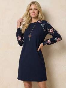 EMERY ROSE Floral Print Raglan Sleeve Dress - Navy Blue - View 5