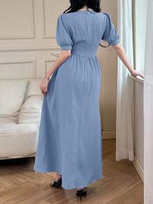 Feyla Women's Solid Color V-Neck Short Puff Sleeve Button Design Elegant Dress - Sky Blue - View 6