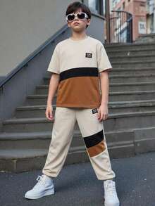 SHEIN 2pcs/Set Tween Boy Beige Summer Casual Vacation Colorblock Round Neck T-Shirt & Pants Set,Versatile Sports Outfit Suitable For School,Daily Wear - Khaki - View 4