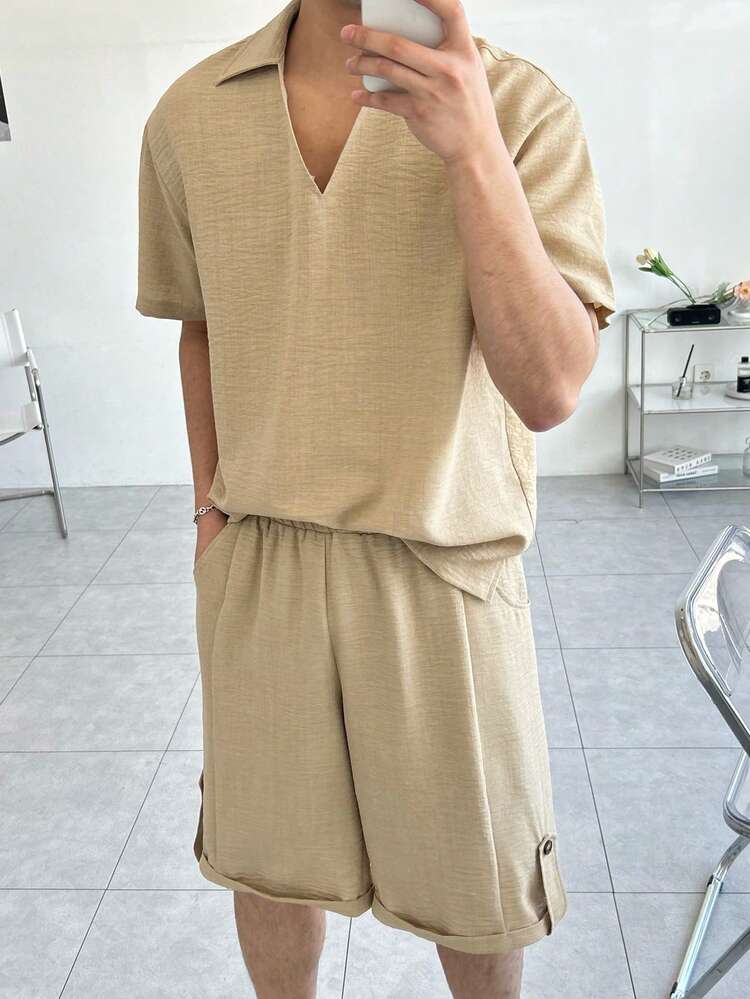 Men Solid Shirt & Elastic Waist Shorts