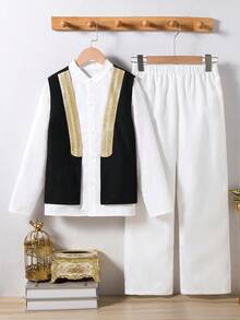 Vacaura Tween-Jungen 3 Stücke/Set Outfit im Mittleren Osten Stil mit Hemd, Hose, geeignet für Ausflüge, Fotos, Schule, verschiedene Anlässe, weicher & bequemer Stoff, modisch-lässiger Schnitt - Weiss - Übersicht 4