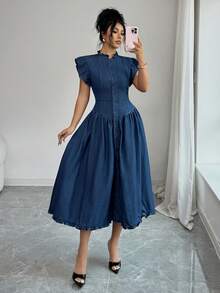 Elenzga Women's Casual Everyday Commute Ruffle Armhole Waist Cinched Single-Breasted Denim Dress, Summer - Dark Wash - View 4
