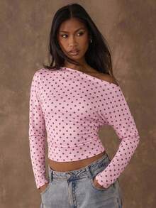 SHEIN BAE Women's Casual Polka Dot Print Asymmetrical Neck Long Sleeve Ruched Fitted T-Shirt, Spring/Autumn - Coral Pink - View 5