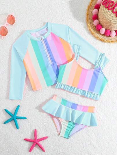 SHEIN Young Girl Striped Ruffle Trim Tankini Swimwear Set With Long Sleeve Top Girls Swim Two Pieces Kids Girl Rash Guard 2 Pieces Girl Swim Long Sleeves Set Swimwear Set 3pcs Girls Longsleeve Summer Two Pieces Set Teens Swim Suit Girls Swim Rash Guard 3 Pieces Girls Long Sleeve Swimwear Set Kids Colorful Swimwear Girls Two Pieces Swim Summer Two Piece Set Teens Swim Suit