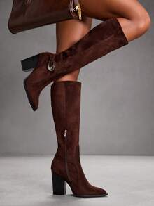 CUCCOO SZL 女士时尚尖头粗跟过膝长靴 - 咖啡棕 - 查看 5