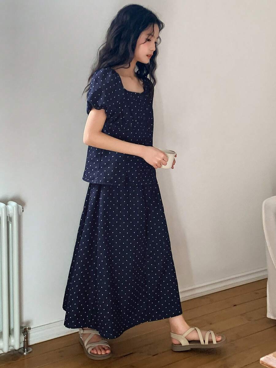 DAZY 女童波点印花牛仔上衣和牛仔裙两件套，少女秋季穿搭 - 深色水洗藍 - 查看 1