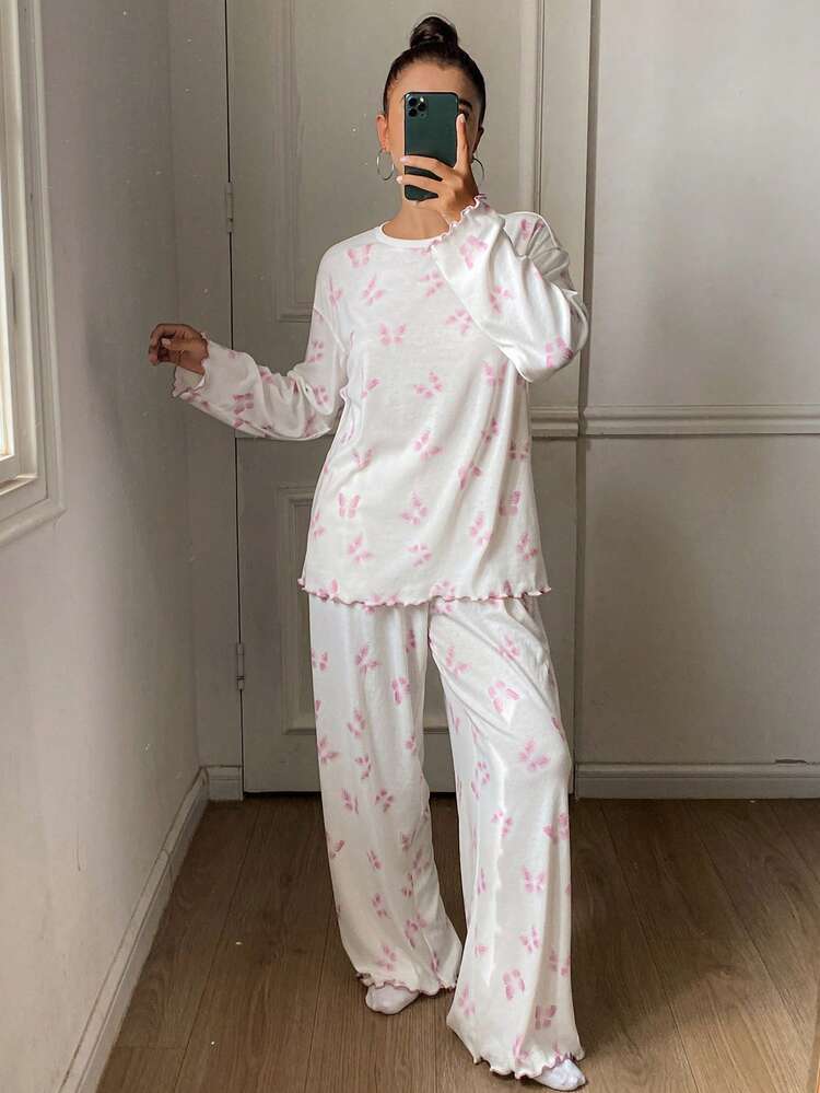 Butterfly Print Contrast Color Loose Women Pajama Set With Wavy Hem