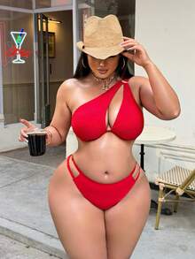 Swim SXY Bộ bikini 2 mảnh màu trơn dành cho nữ cỡ lớn, quần bikini tam giác gợi cảm. - Đỏ - Xem 4