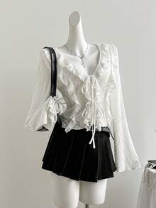 Sweetra 女士性感万圣节服装、感恩节上衣、新年服装，适合春季、秋季、冬季、派对、通勤、日常、旅行、假日穿着，女士性感白色修身V领荷叶边开衫 - 白色 - 查看 3