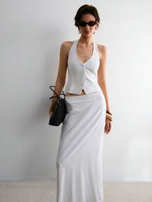 ATUI Studio Bộ áo vest cổ yếm tối giản và chân váy maxi thường ngày - trắng - Xem 5
